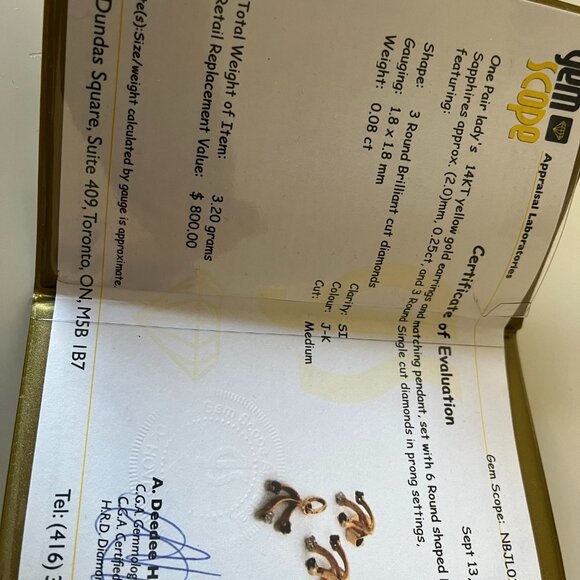 14 K CARAT GOLD SET - EARRINGS AND PENDANT - DIAMONDS AND SAPPHIRES - WITH CERTI - Picture 2 of 4